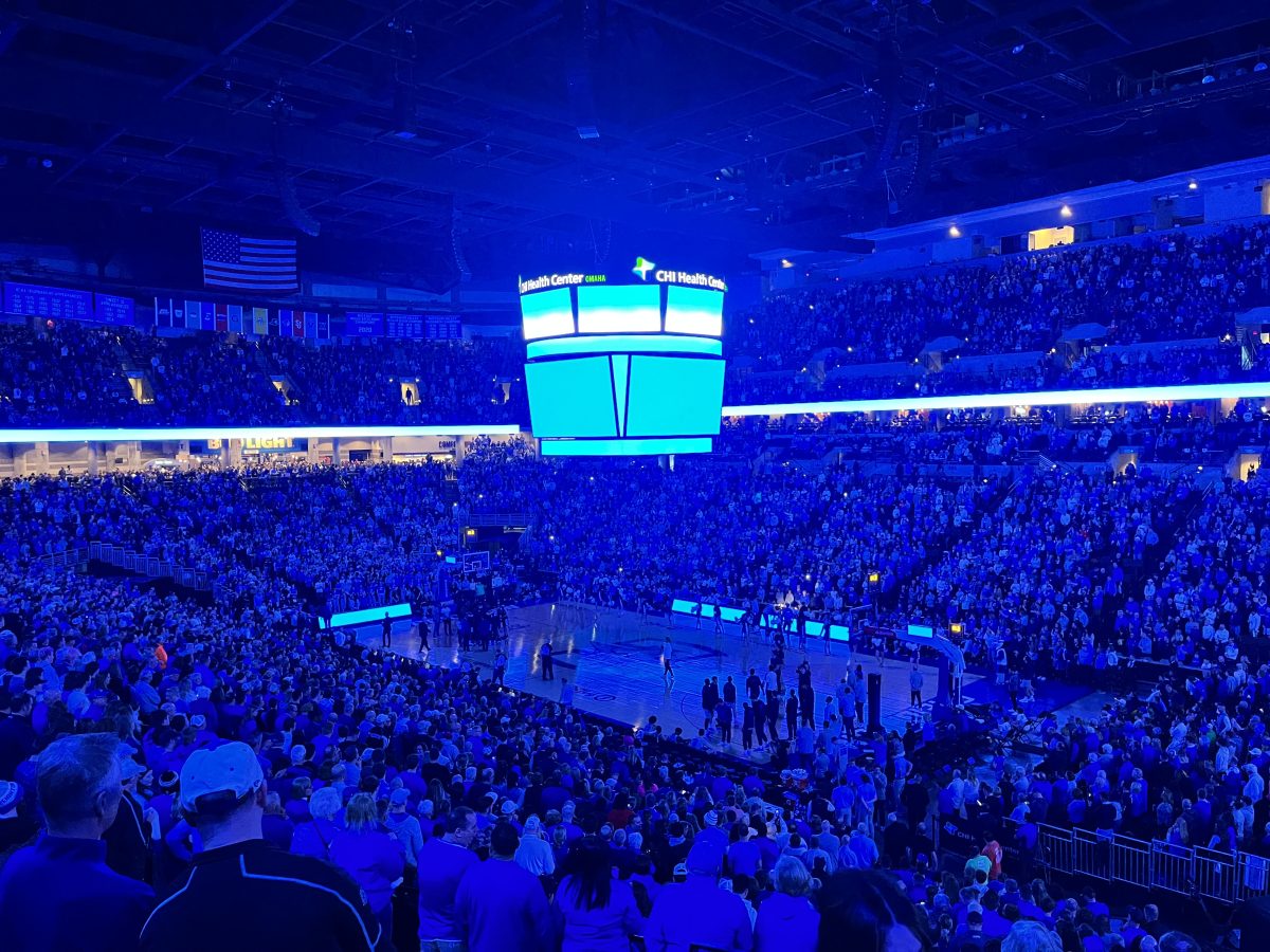 During+a+Creighton+basketball+game+at+the+CHI+Health+Center%2C+the+arena+lights+are+turned+down+and+blue+lights+are+cast+out+to+set+the+scene.+
