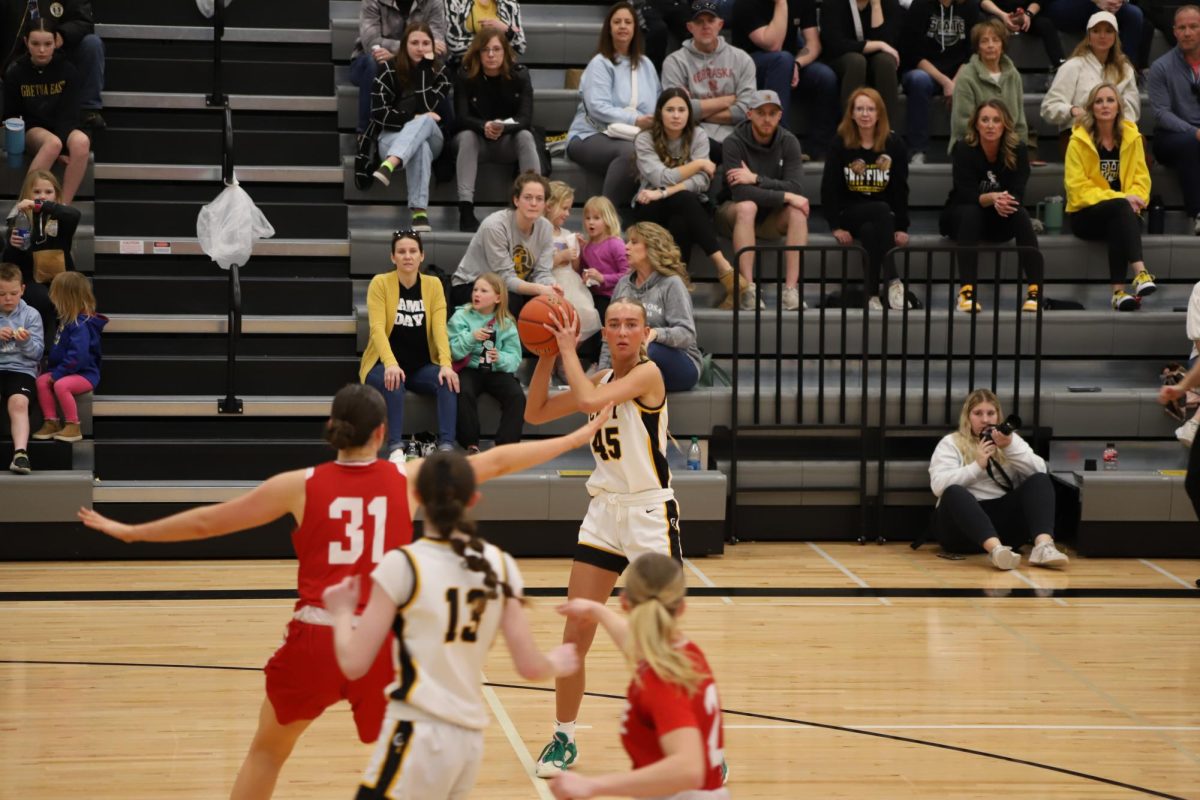 Scanning the court in the second half, junior Hailey Levinson looks to make a pass.