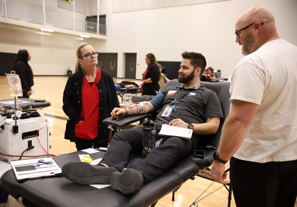 Inquiring about the process, Justin Haberman talks with Brandon Shostak and a Red Cross nurse about the Power Red proccess. According to the American Red Cross, a donor can give almost twice as many red blood cells than a regular donation while doing Power Red. 