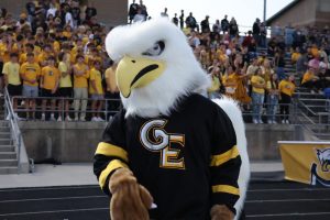 After a positive Griffin play, the Griffin mascot claps on the sidelines of the varsity football game against Ralston on Oct. 10. The game ended in a 51-14 victory for East.