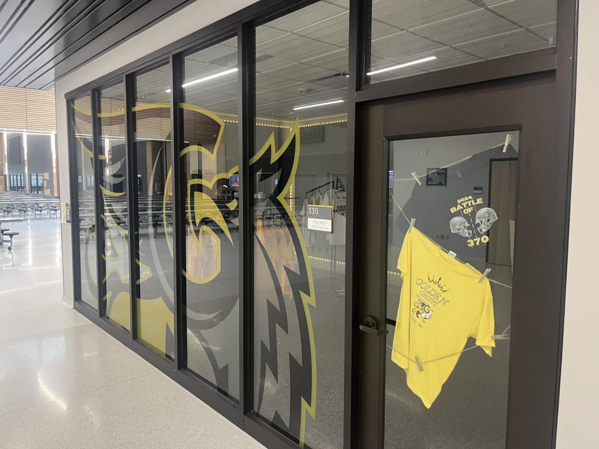 In close proximity to the cafeteria and gym, the soon-to-be location of the school store, "The Nest" displays student-designed Griffin-wear. The store will be run by students in the school's entrepreneurship class.