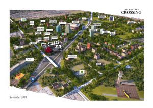 A bird's eye view of a theoretical layout for Collegiate Crossing. It features residential zones, commercial areas and various sports facilities.