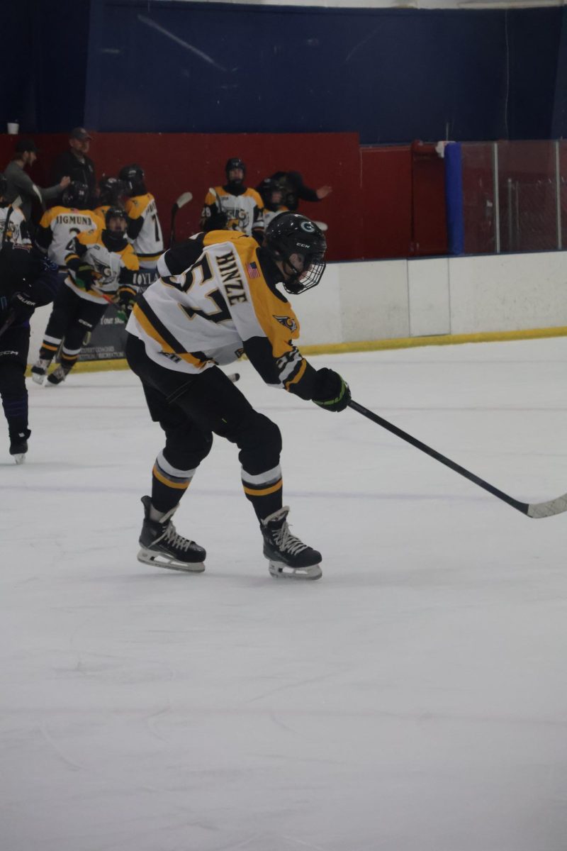 Passing to a nearby teammate, defenseman Gretna High junior Brewer Hinze takes his defensive position and sails the puck down the ice. 