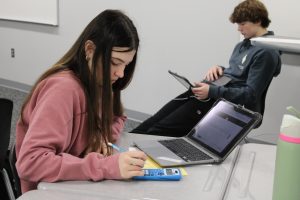 Doing a McGraw Hill assignment in Christina Modrell's first hour CP Algebra II class on Jan. 27, junior Sophia Cerrone writes the equation out on paper before entering her answer into the online practice tool.