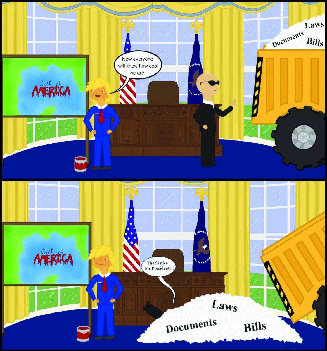 This cartoon is in response to section 4 of the Jan. 20 Presidential action "Restoring Names that Honor American Greatness" and Feb. 9 Presidential Proclamation recognizing Feb. 9 to be Gulf of America Day. 