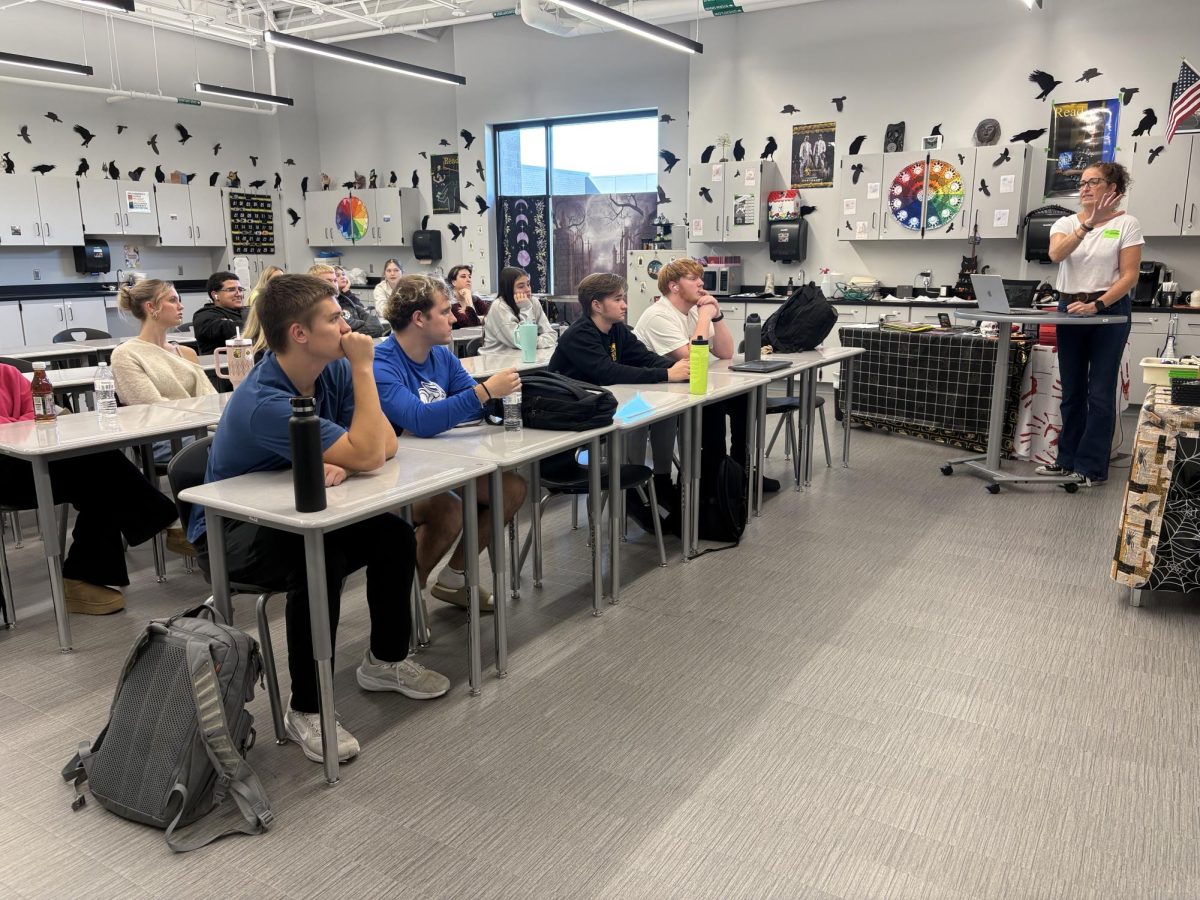 During sixth hour, Karen Foreman gives her presentation to Jess Self's forensics class. 
