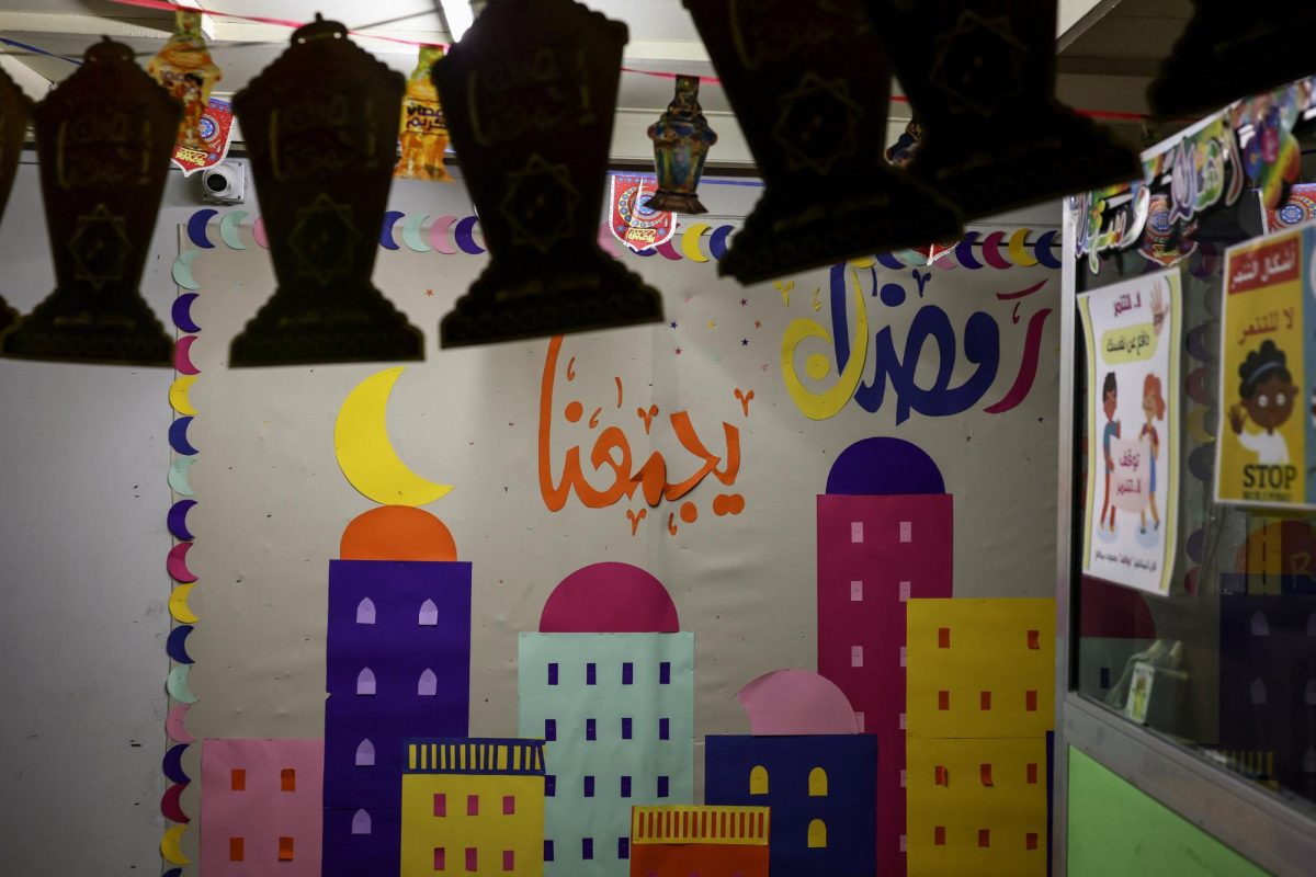 Ramadan decorations adorn a wall inside a school that has been turned into a shelter, following an escalation between Hezbollah and Israel amid the U.S.-Israeli conflict with Iran, in Beirut, Lebanon, March 16, 2026. REUTERS/Claudia Greco