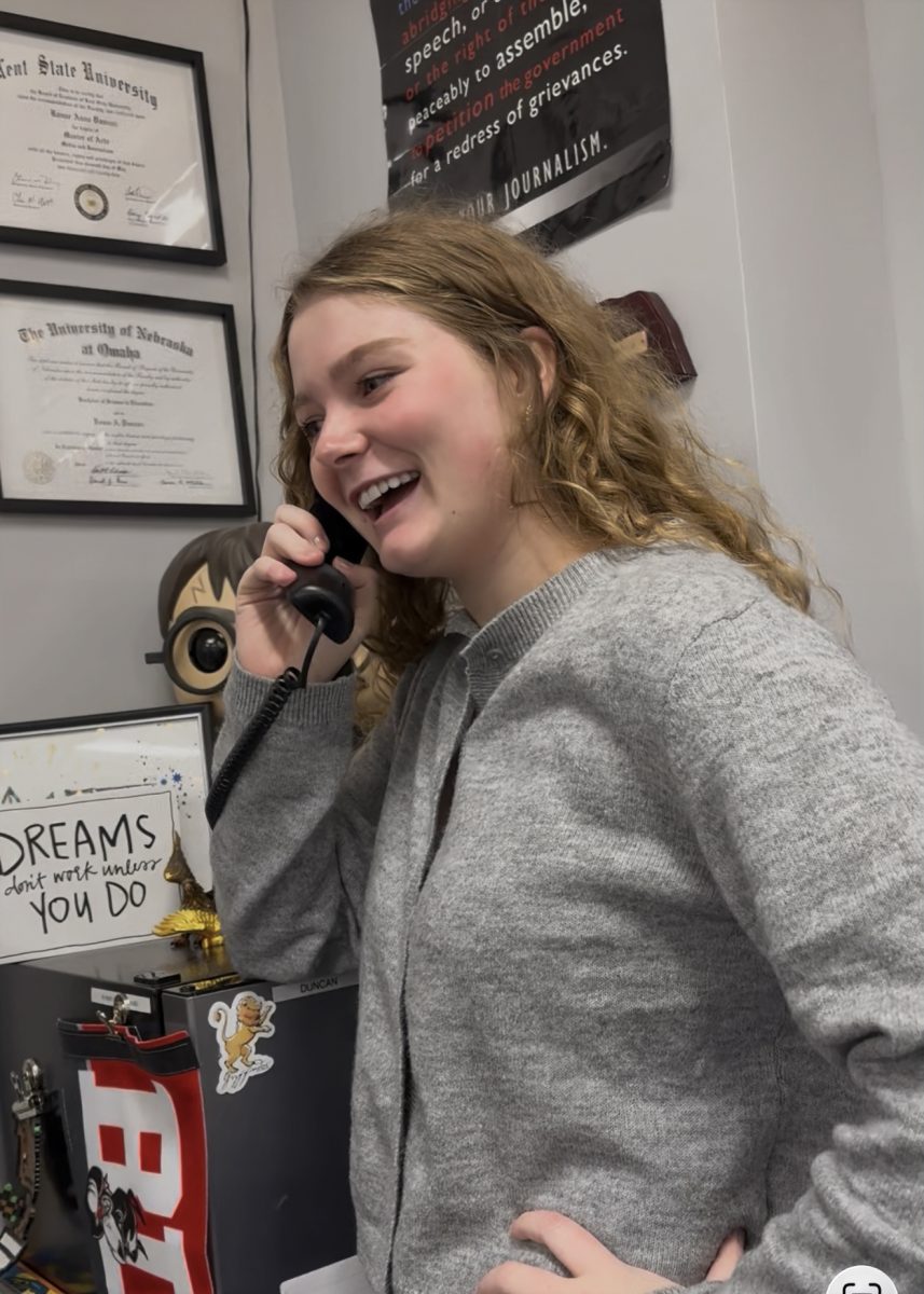 Just after the first period bell rang on March 5, The Wingspan's Editor-in-Chief, senior Madeline Petrick, receives a call from Journalism Education Association Nebraska State Director Erica Brockmoller, informing her that she is the Nebraska Student Journalist of the Year.