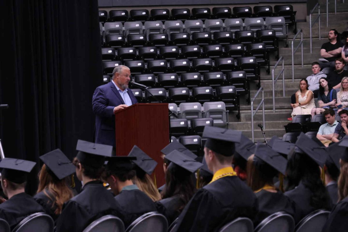 Addressing the school's first graduating class, commencement speaker David Gulizia recognizes the class of 2025 and gives them words of advice for their
futures on May 11. 