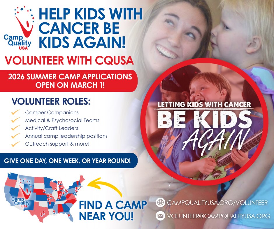 Camp Quality Heartland applications are open.  Volunteers, campers and siblings are welcome to sign up for the week-long camp by visiting campqualityusa.org.
