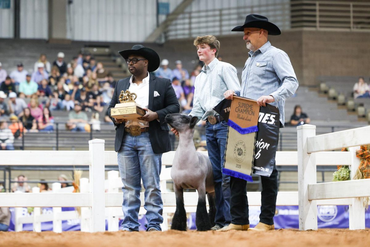 Standing in the center of the ring, sophomore Crew Freeland holds his champion lamb after winning Grand Champion and Supreme Champion honors at the American Royal livestock show in Kansas City, Mo.